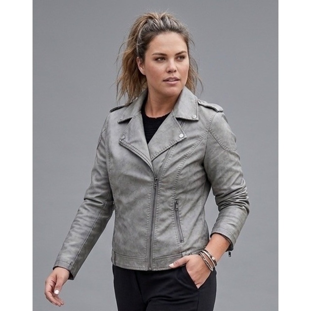 NEW Women's Putty Faux Leather Moto Biker Jacket Asym Zip Silver Hardware Lined